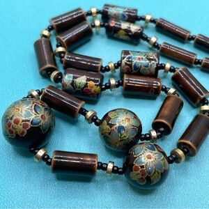 Beautiful Unsigned Vintage Cloisonné Floral Brown Blue Beaded Necklace